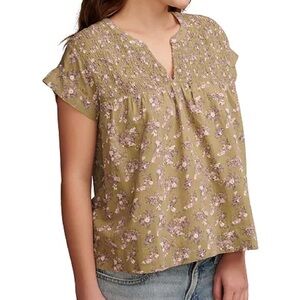 Lucky Brand Women's Green Floral Printed Smocked Short-Sleeve Top Shirt